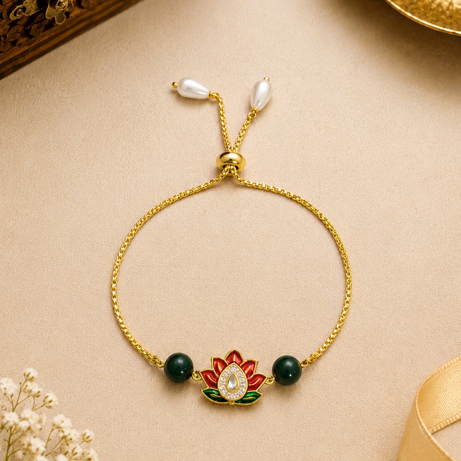 Artklim Lotus Designer Bhaiya Bhabhi Rakhi Set with Green Beads