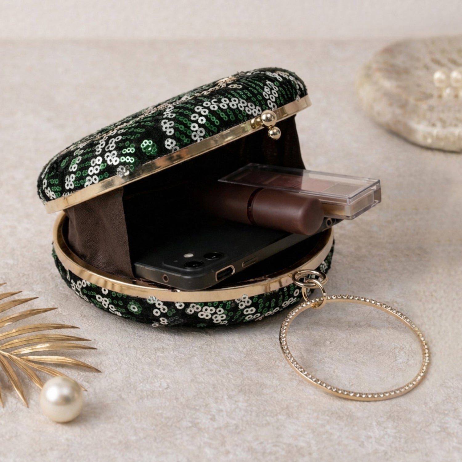 Artklim Luxurious Green & Silver Sequin Embroidery Clutch