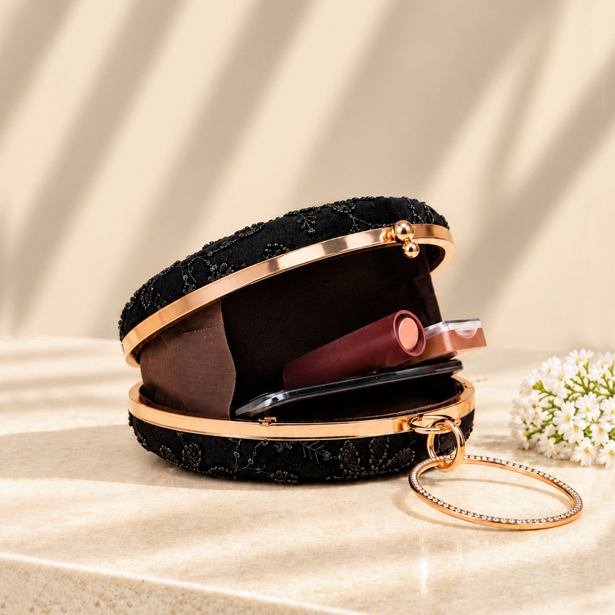 Artklim Premium Black Floral Embroidered Round Clutch Bag with Golden Crystal Ring Handle