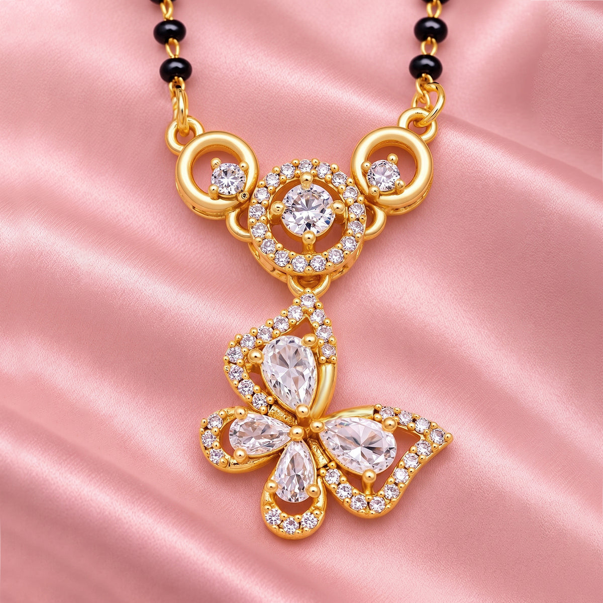 Artklim Elegant Butterfly Pendant CZ Stone Gold-Plated Mangalsutra with Black Beads
