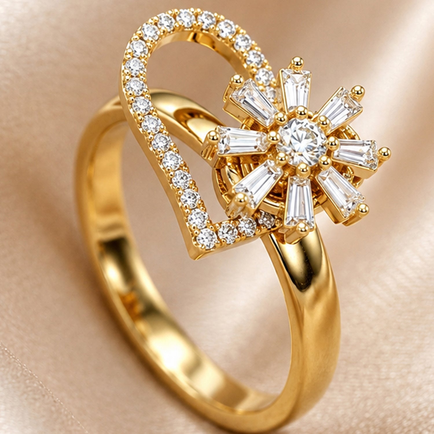Artklim Gold Revolving Heart Blossom Adjustable Anti-Tarnish Copper Ring