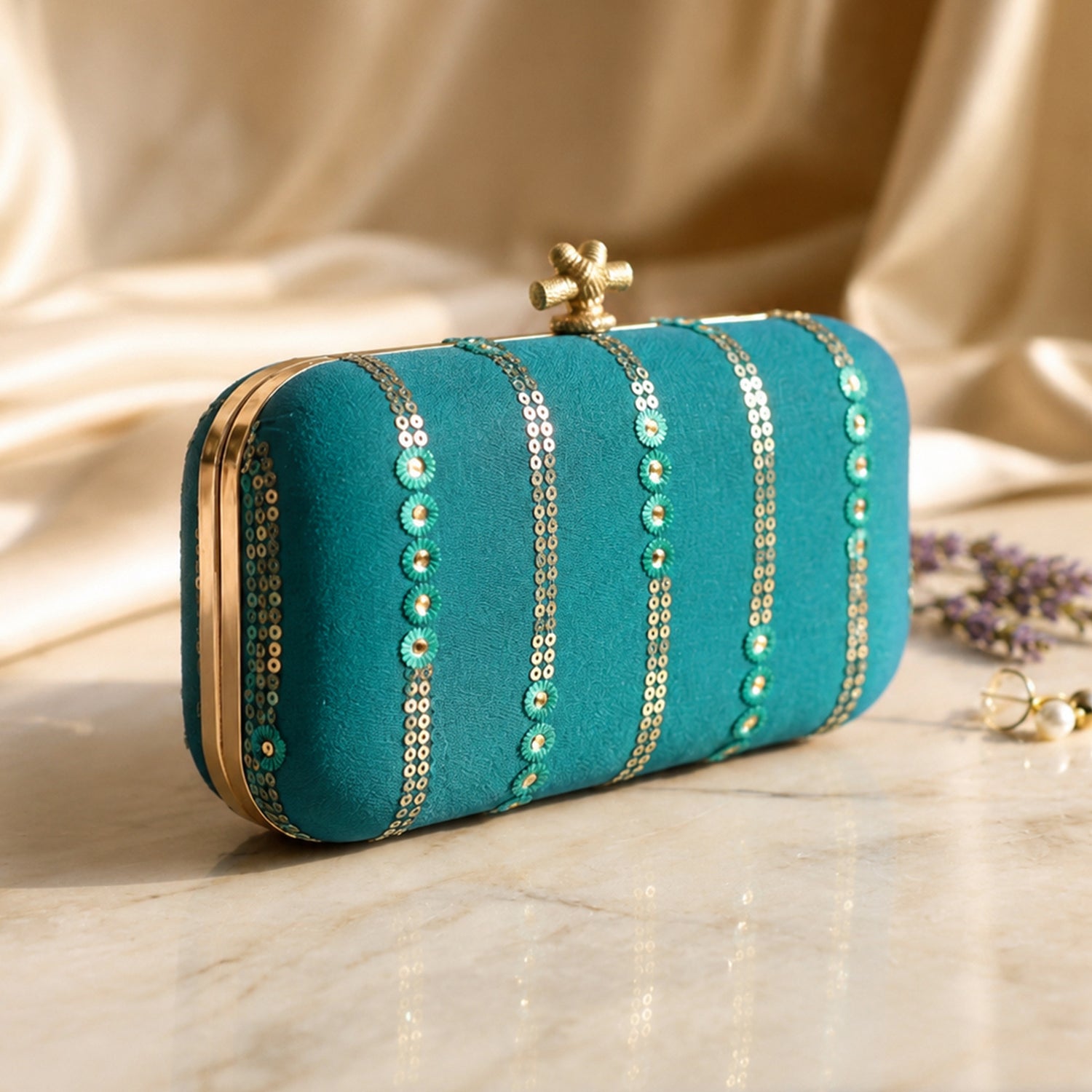 Artklim Elegant Teal Green Embellished Embroidered Clutch Bag