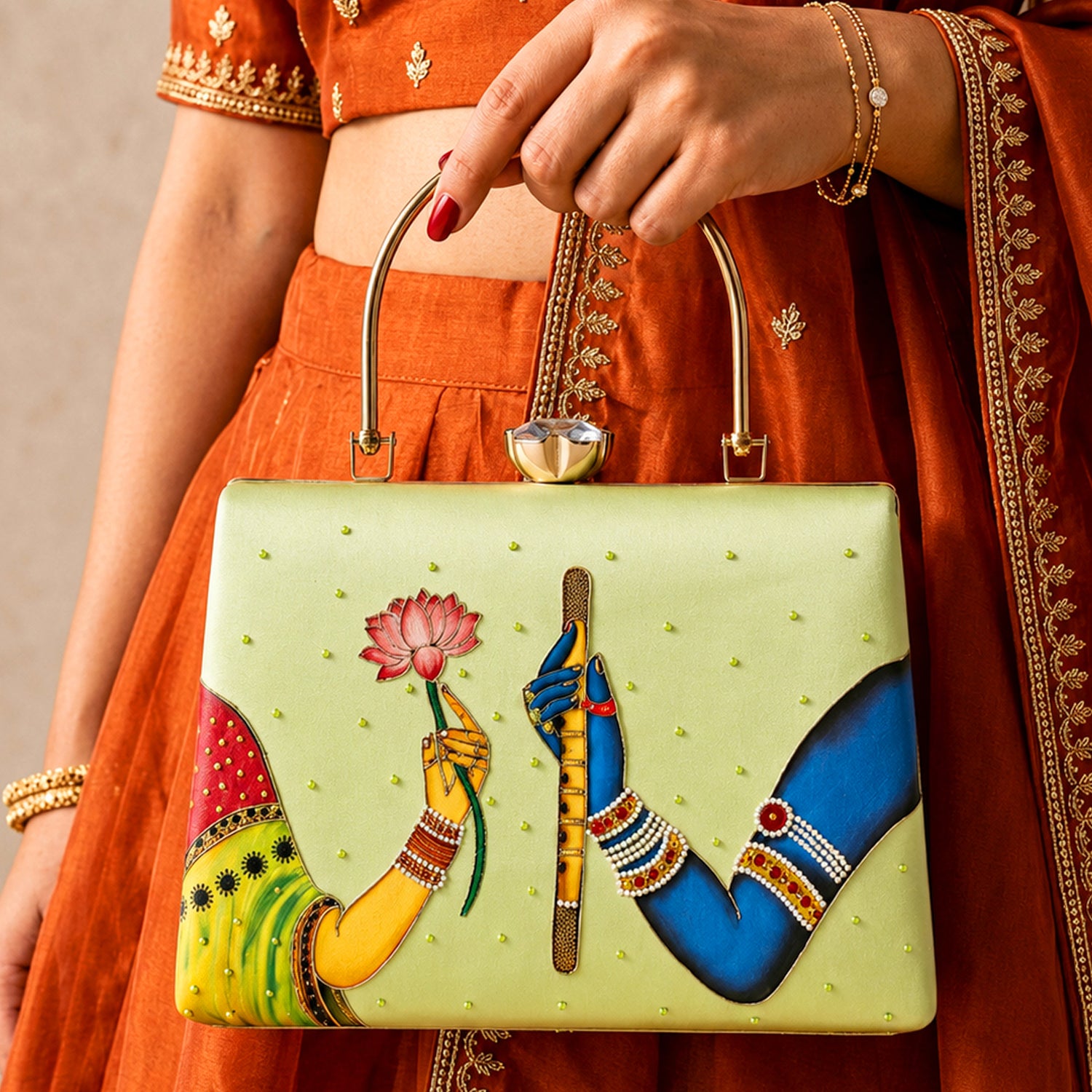 Artklim Printed Divine Harmony Radha Krishna Clutch with Hand Embroidery