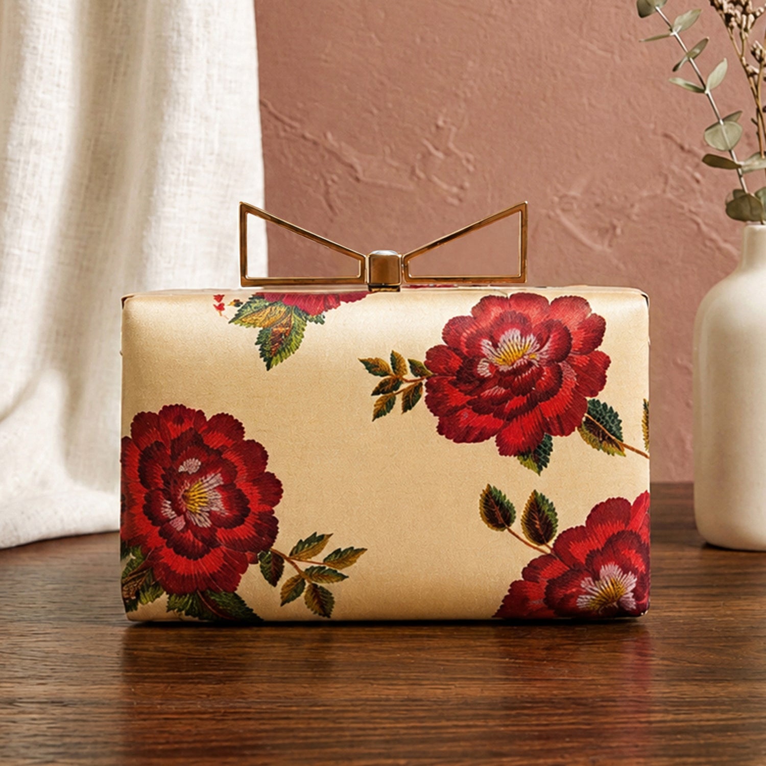 Artklim Printed Beige Red Rose Designer Clutch with Hand Embroidery