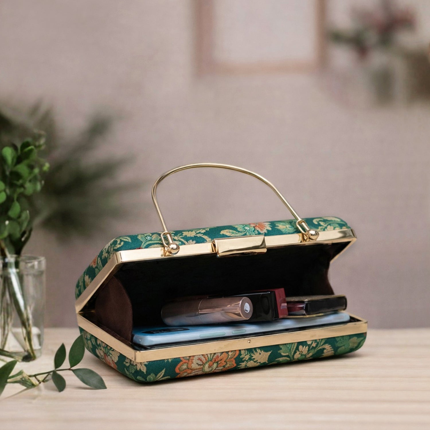 Artklim Dark Green Based Floral Pattern Printed Brocade Fabric Clutch