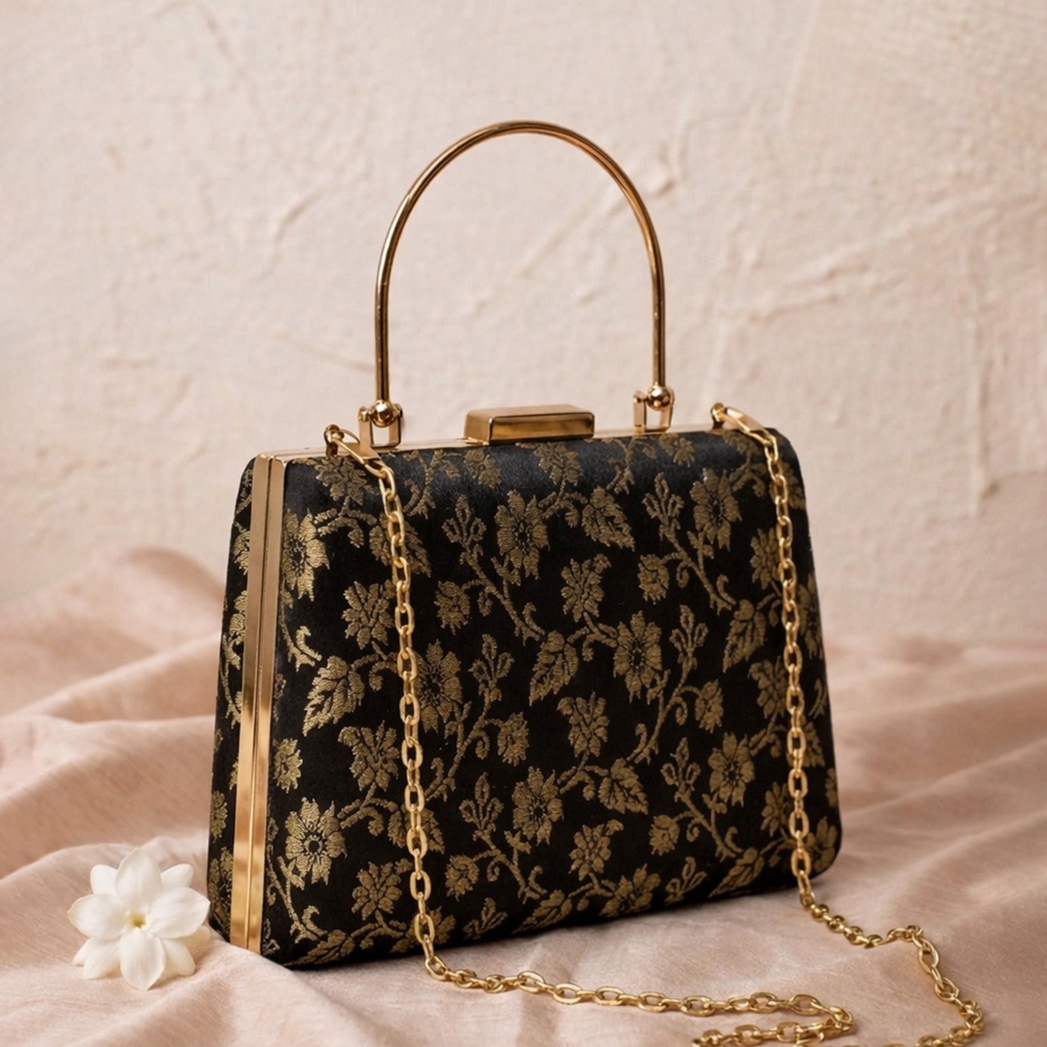 Artklim Elegant Black & Gold Floral Embroidery clutch