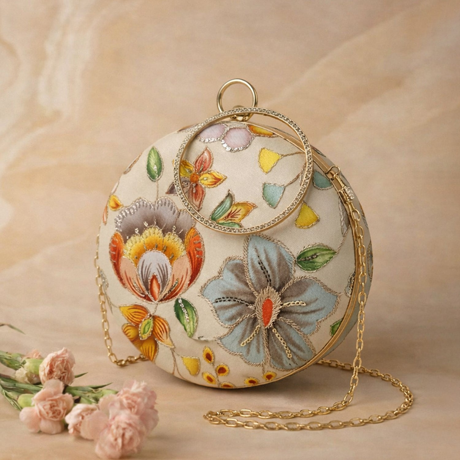 Artklim Ivory Floral Round Embroidered Clutch