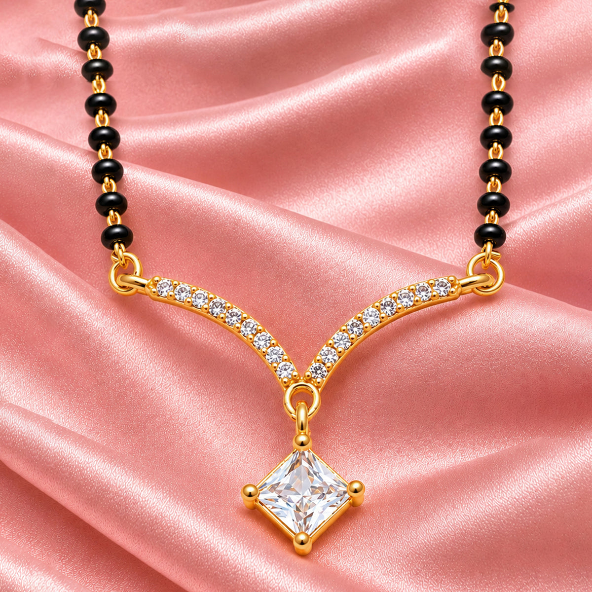 Artklim Elegant V-Shaped Solitaire CZ Pendant Gold-Plated Mangalsutra with Black Beads