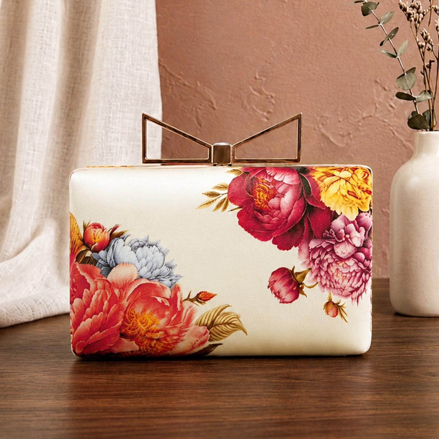 Artklim Printed Ivory Multicolor Floral Designer Clutch with Hand Embroidery