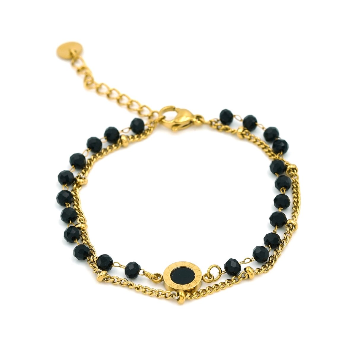 Artklim Gold Plated Black Beads With Roman Numeral Pendant Bracelet