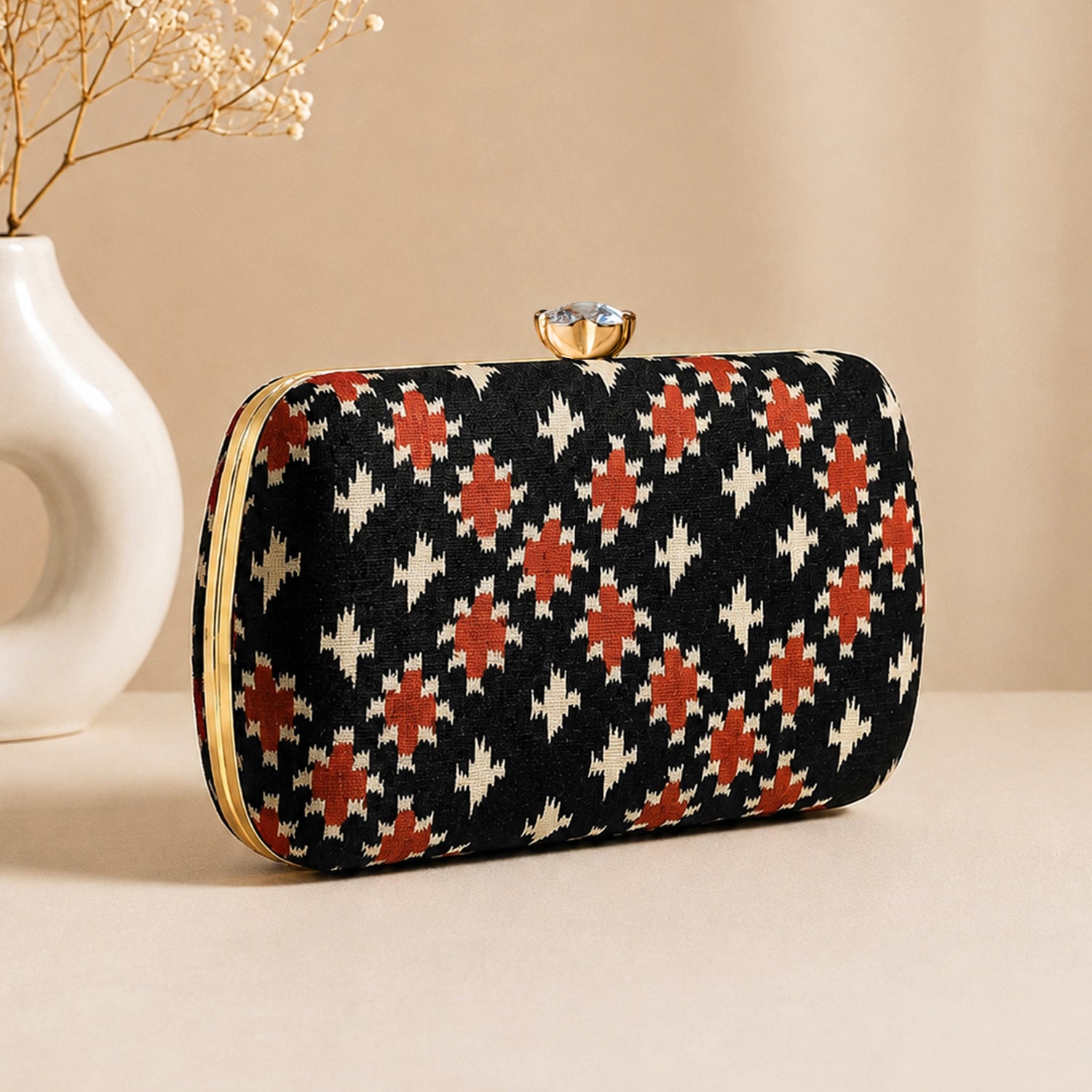 Artklim Black Rust Ethnic Geometric Pattern Printed Clutch