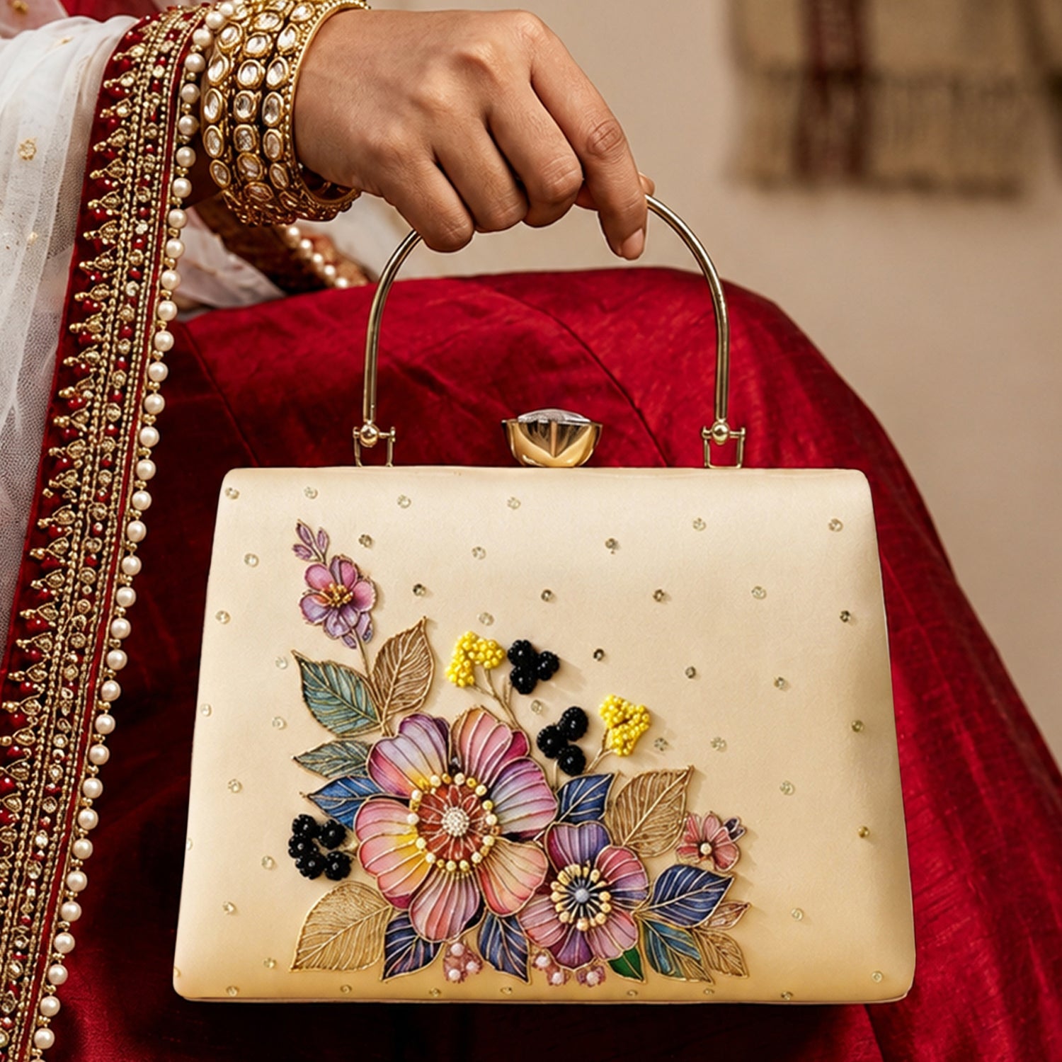 Artklim Printed Elegant Floral Pearl Embellished Clutch with Hand Embroidery