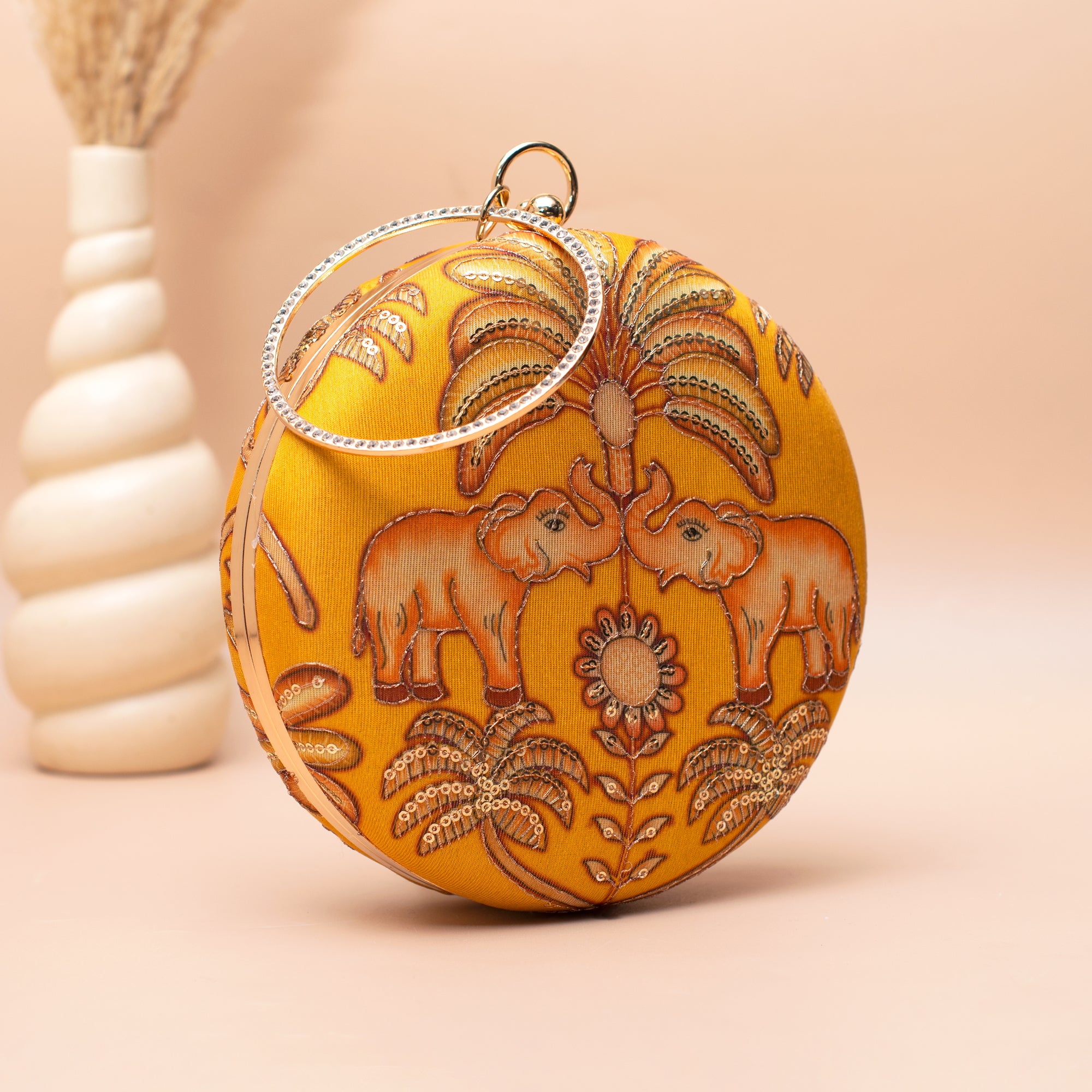 Artklim Yellow Elephant Embroidered Round Clutch