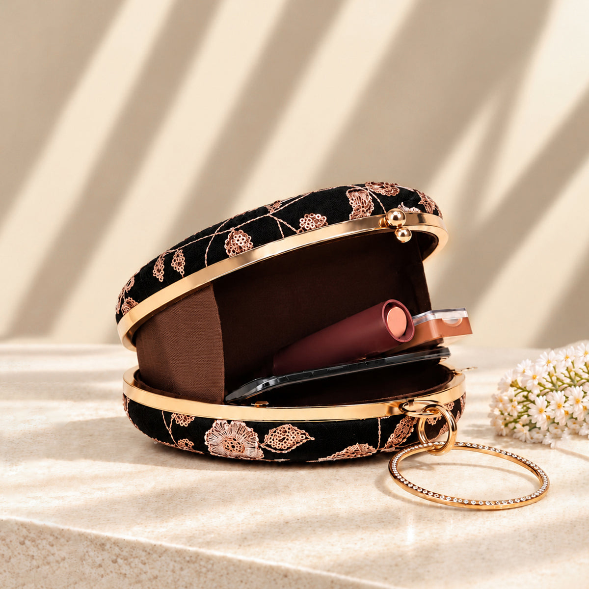 Artklim Luxury Black Floral Embroidered Round Clutch Bag with Golden Crystal Ring Handle