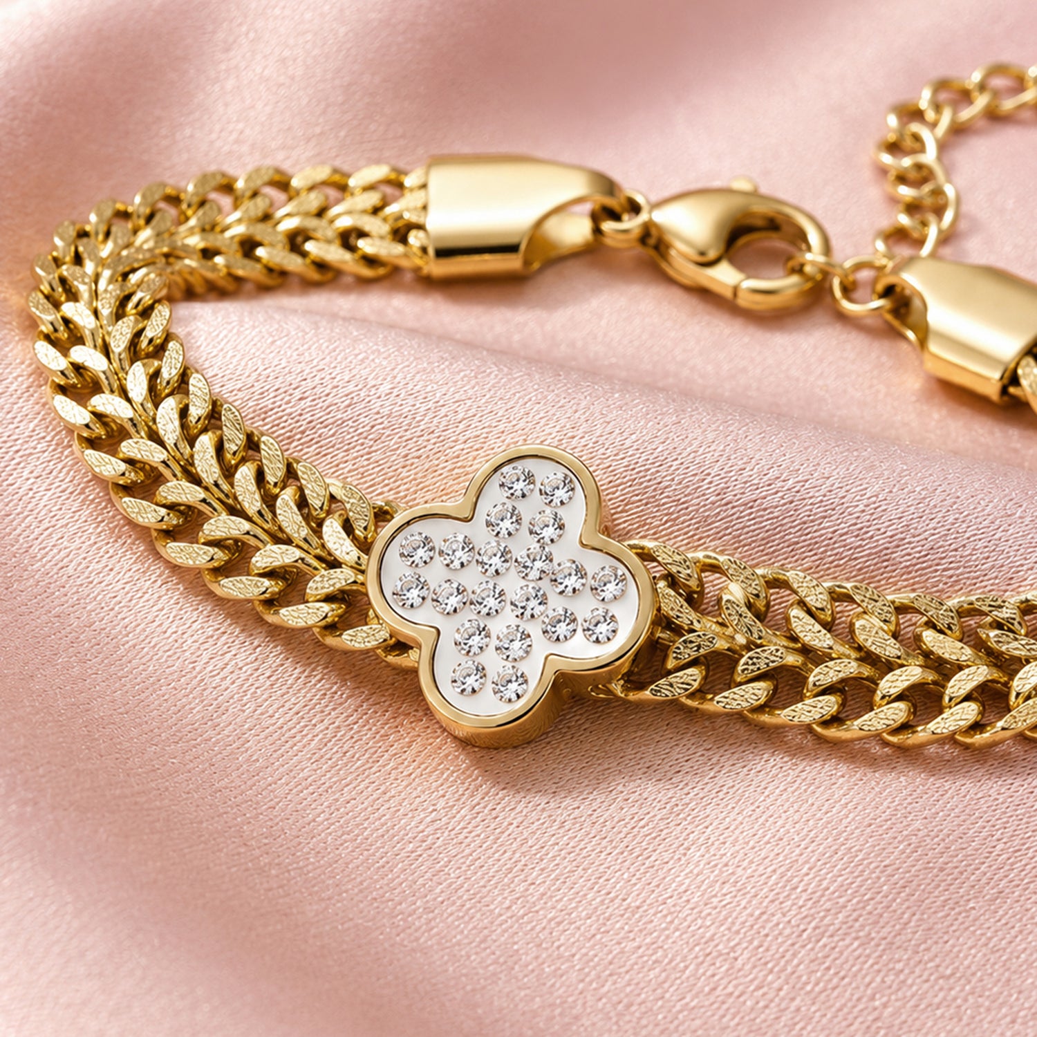 Artklim Crystal Clover Double Chain Gold Anti-Tarnish Bracelet