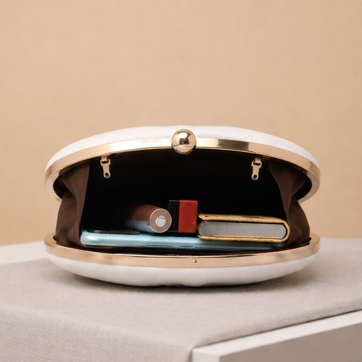 Artklim White Based Silver Brocade Fabric Oval Clutch