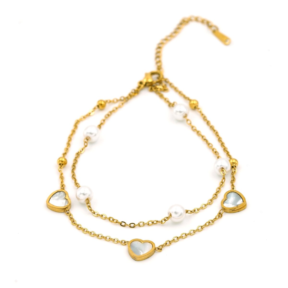 Artklim Gold Plated White MOP Hearts And Pearl Chain Bracelet
