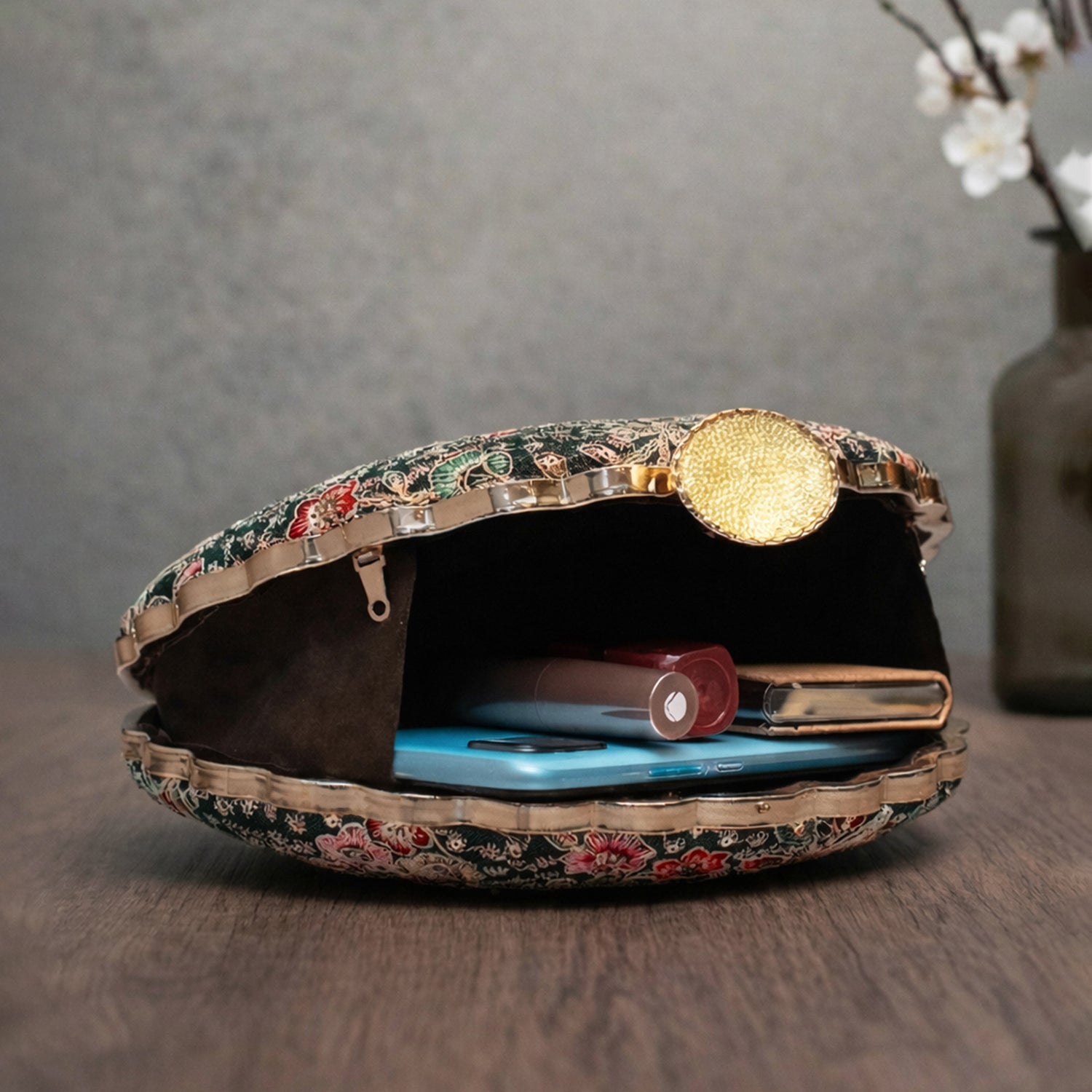 Artklim Olive Green Base Floral Threadwork Embroidery Clutch