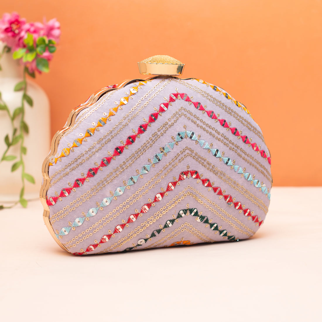 Artklim Pink Sequins Embroidery D-shape Clutch
