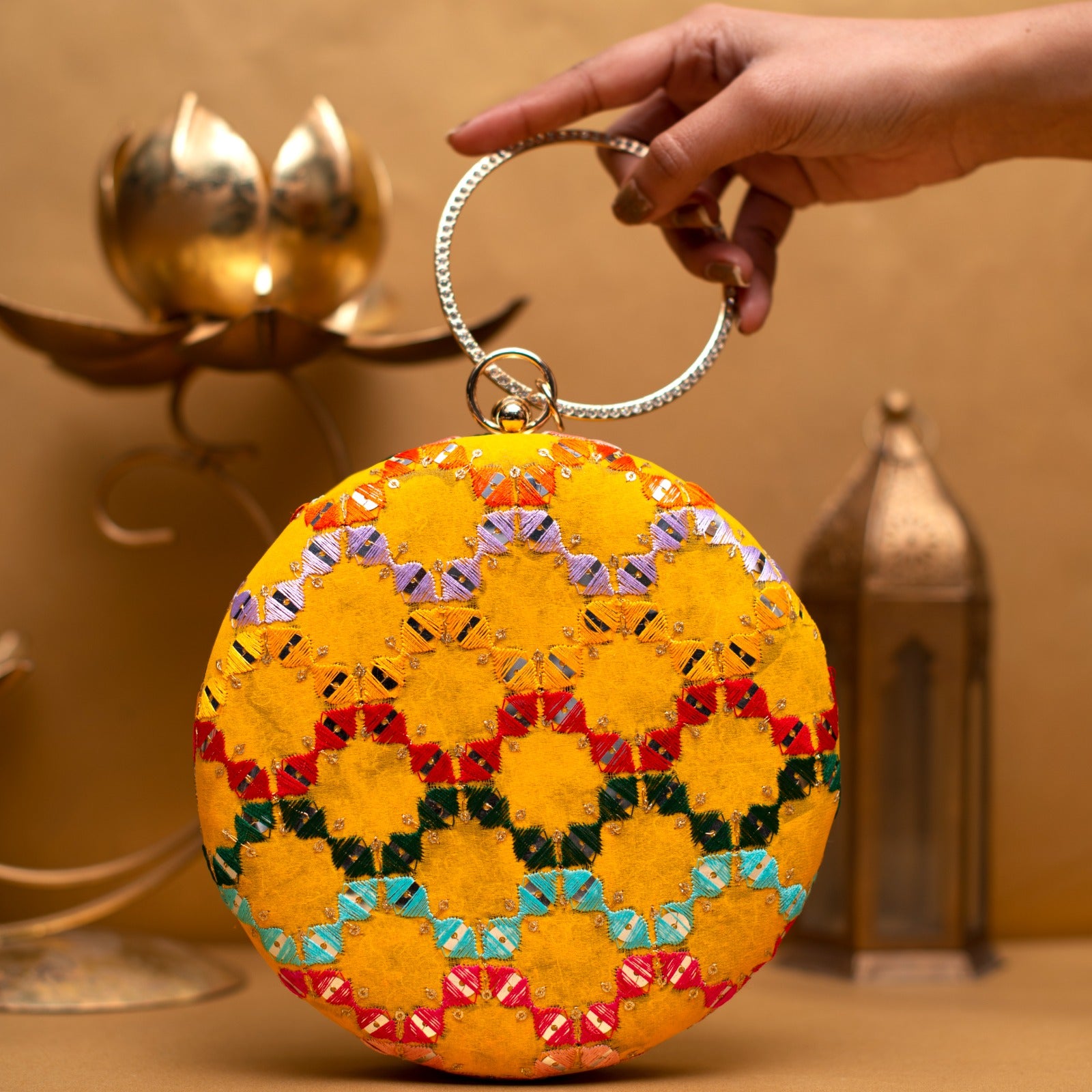 Yellow Multicoloured Round Embroidery Clutch