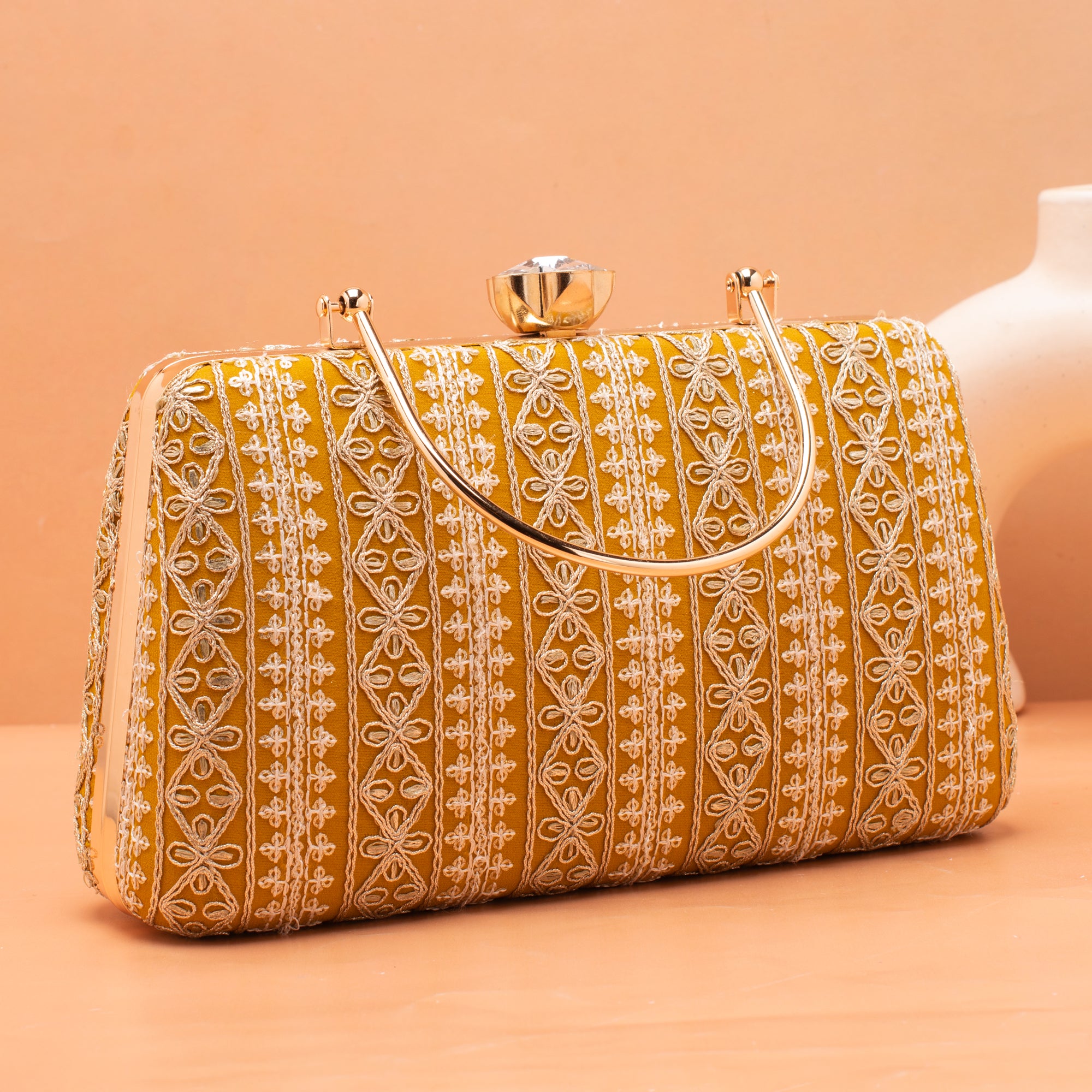 Artklim Mustard Yellow Based White And Golden Threadwork Embroidery Clutch