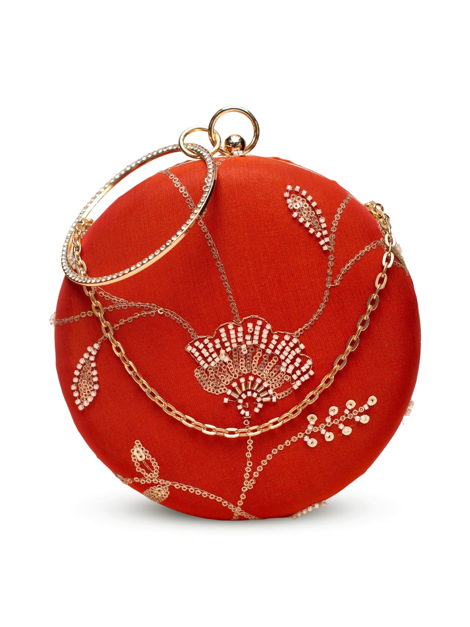 Artklim Round Scarlet Clutch with Golden Embroidery