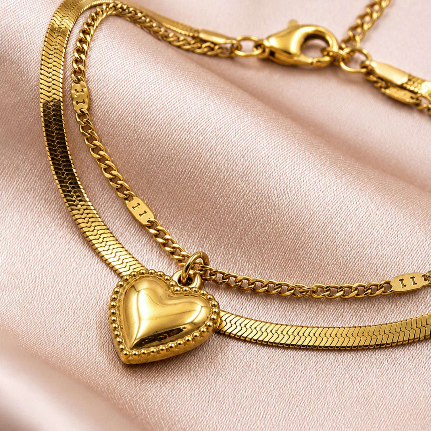 Artklim Gold Heart Charm Double Chain Anti-Tarnish Anklet