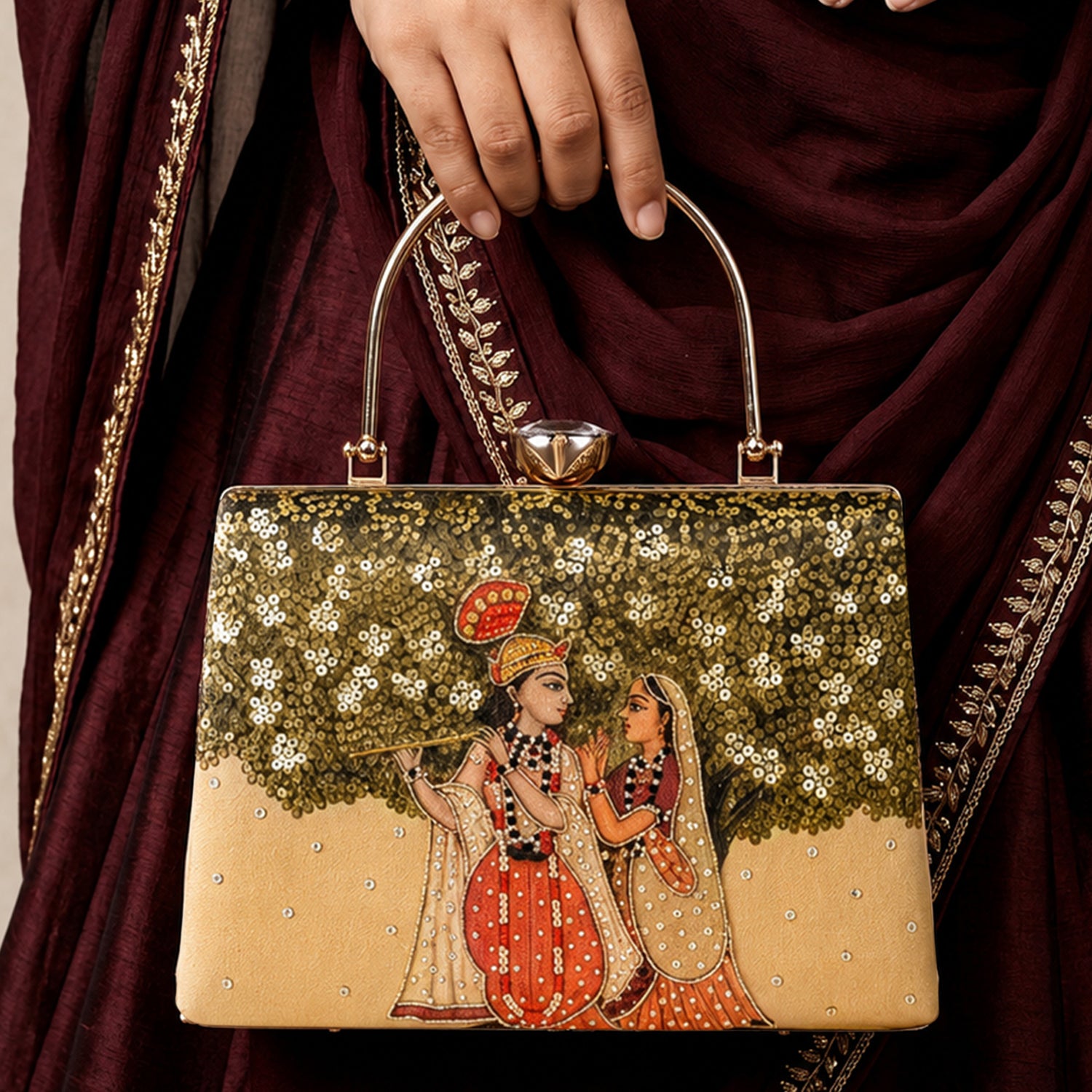 Artklim Printed Radha Krishna Divine Art Clutch with Hand Embroidery