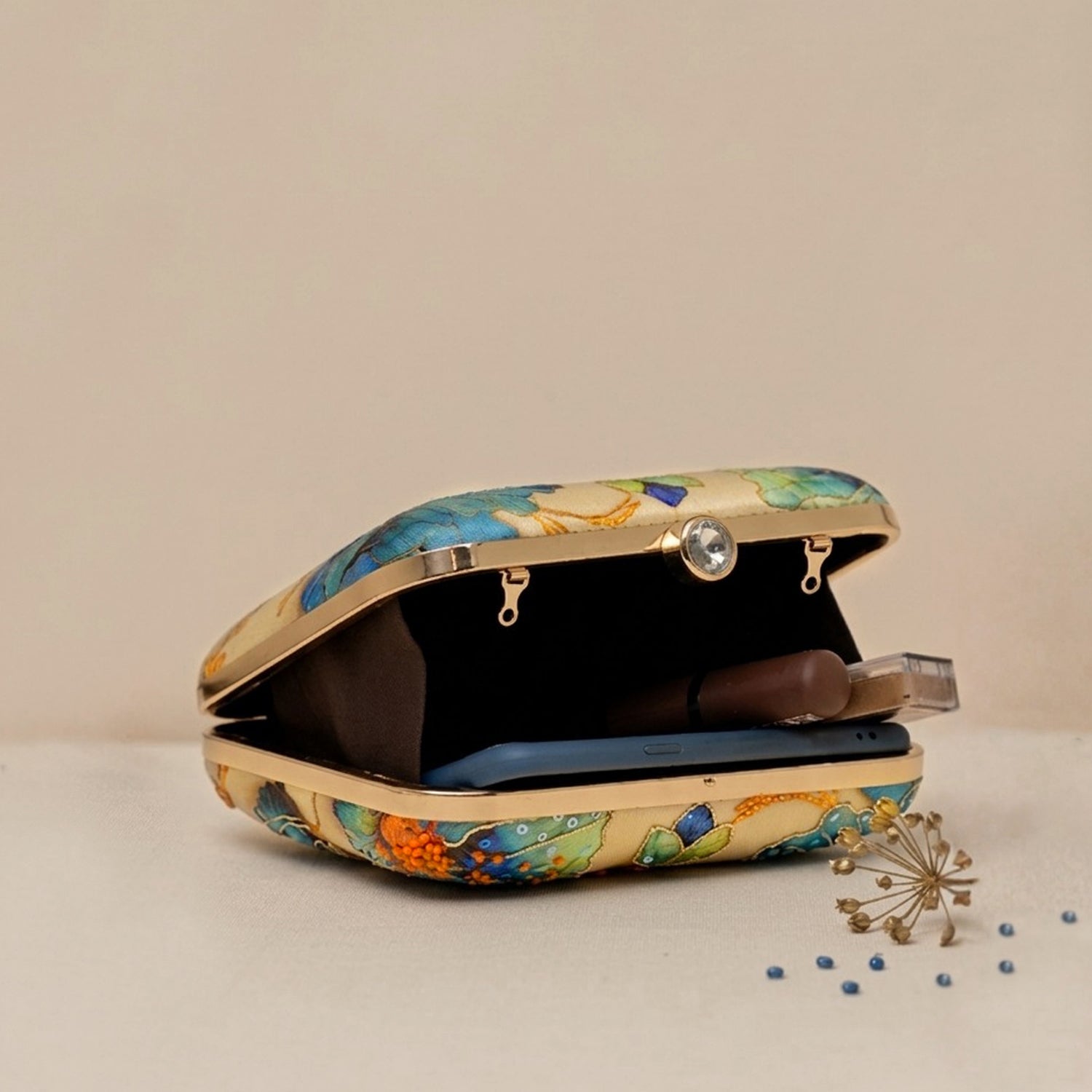 Artklim Printed Blue Floral Beaded Clutch with Hand Embroidery