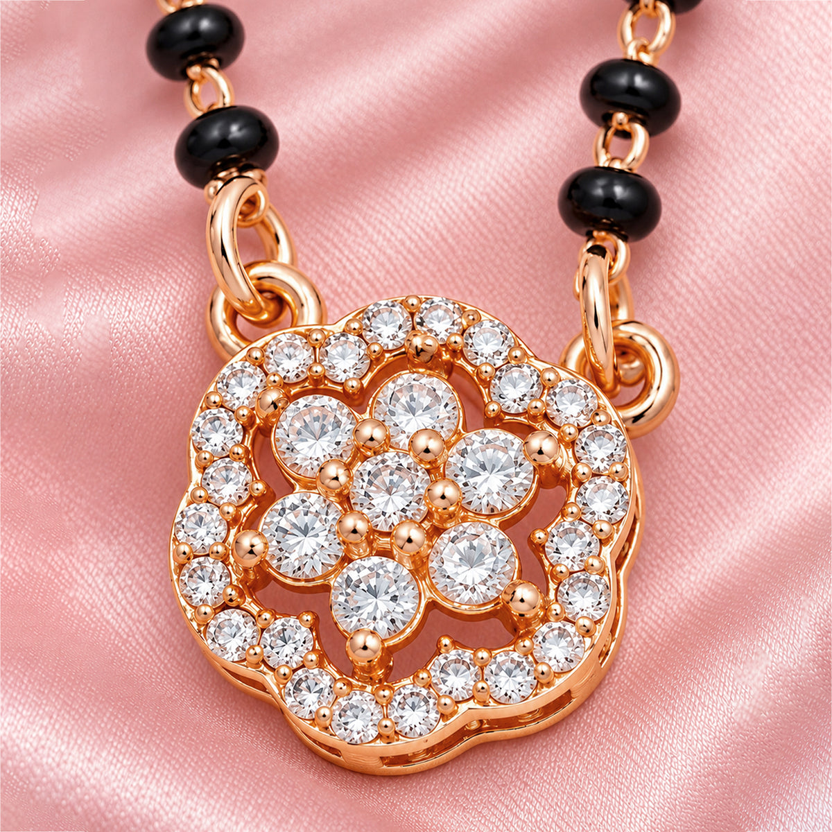 Artklim Elegant Rose Gold-Plated Floral Pendant Mangalsutra with Black Beads for Women