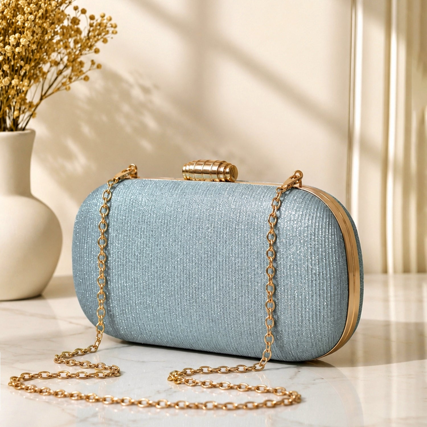 Artklim Sky Blue Shimmer Pearl Handle Embroidery Clutch
