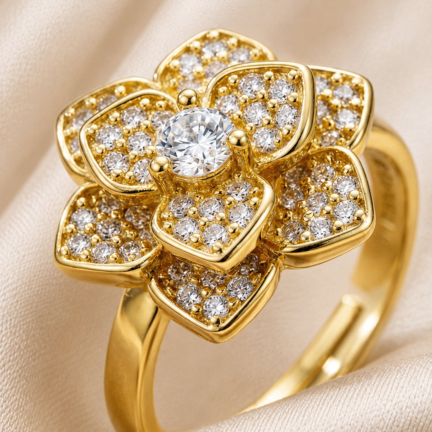 Artklim Gold Lotus Revolving Flower Crystal Adjustable Anti-Tarnish Copper Ring