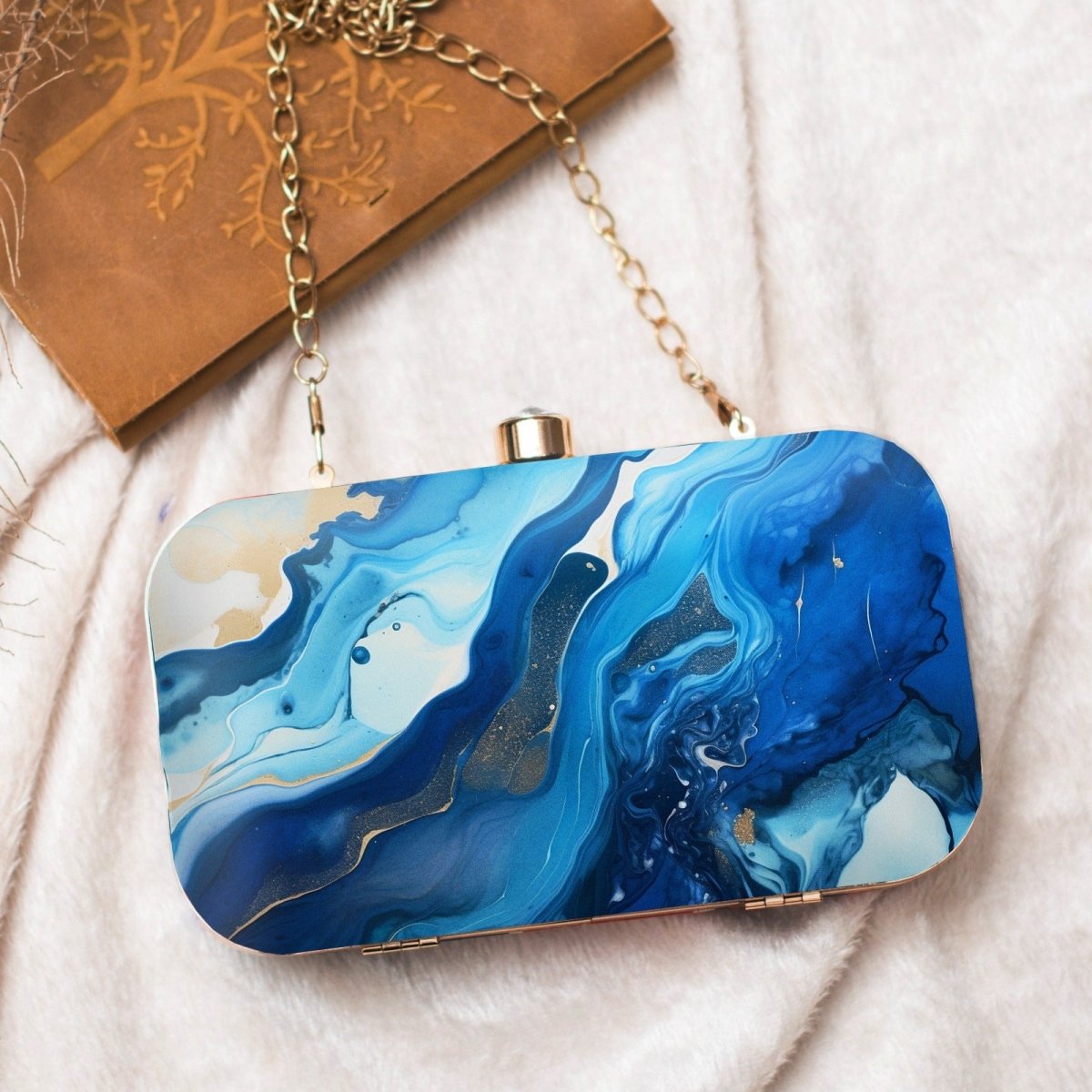Blue And White Flow Art Printed Clutch