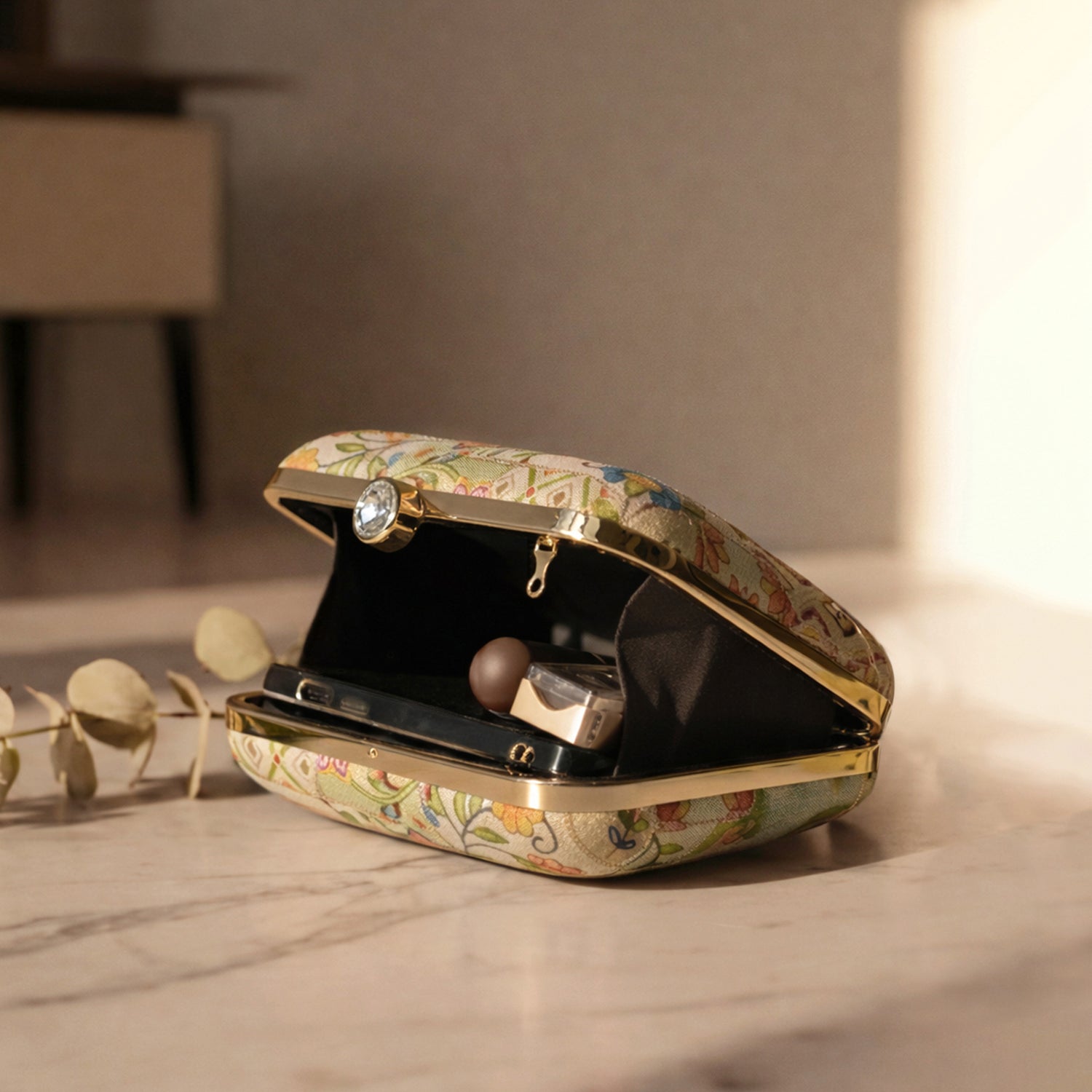 Artklim Women’s Beige Ethnic Patchwork Floral Box Embroidred Clutch