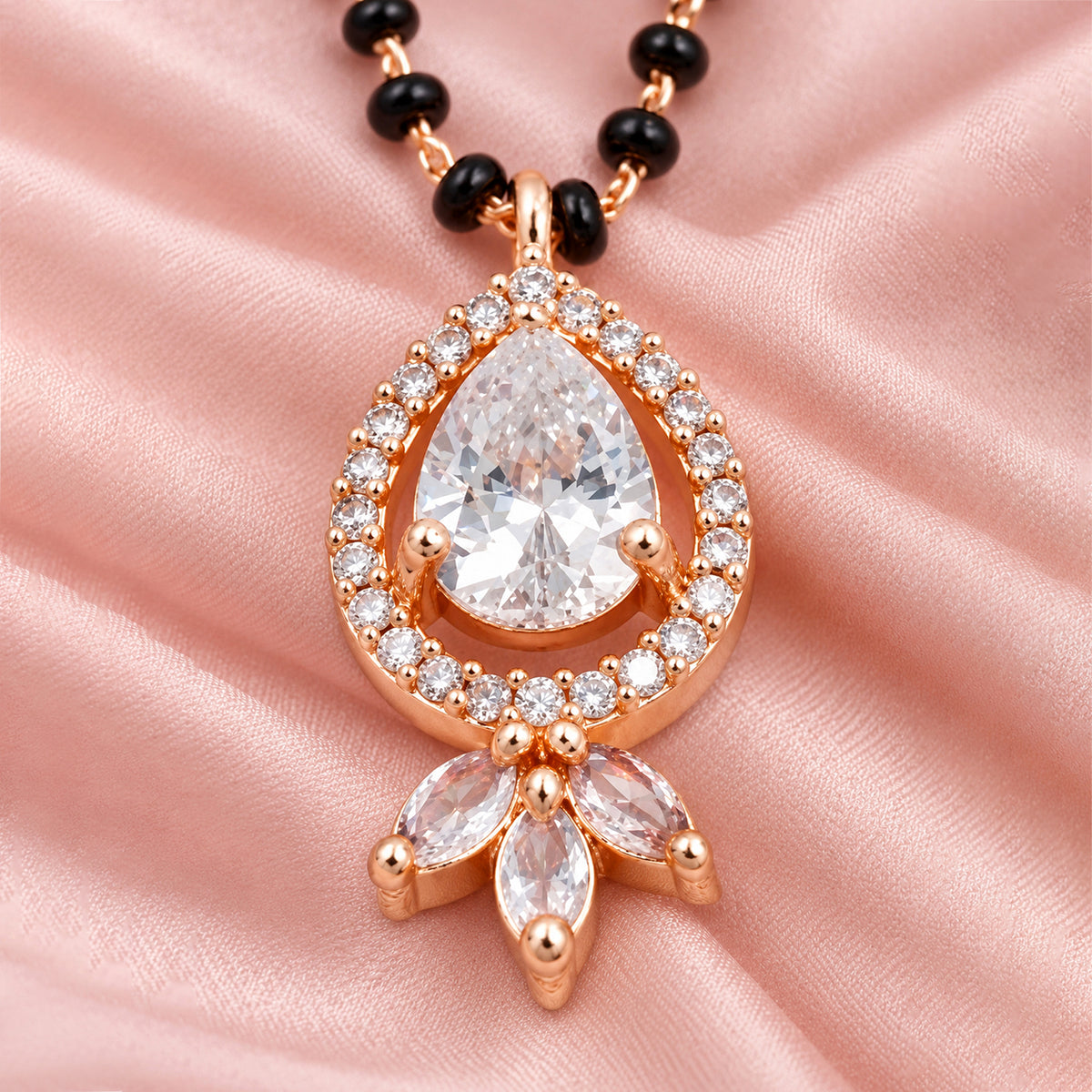 Artklim Elegant Rose Gold-Plated Teardrop Pendant Mangalsutra with Black Beads for Women