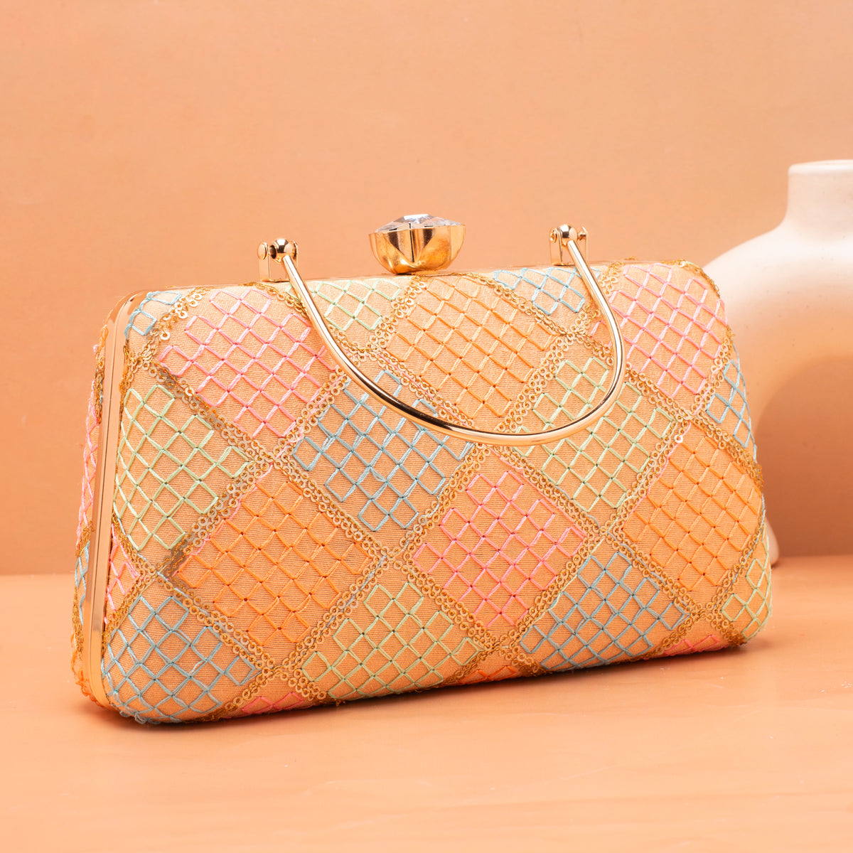 Artklim Beige Based Multicolored Threadwork Embroidery Clutch