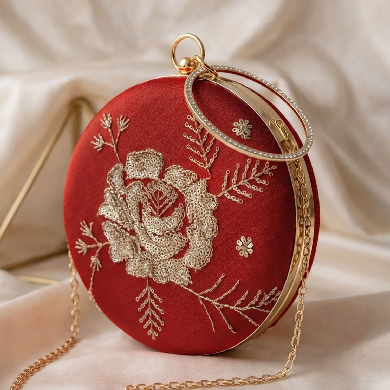 Artklim Red Floral Embroidered Round Clutch
