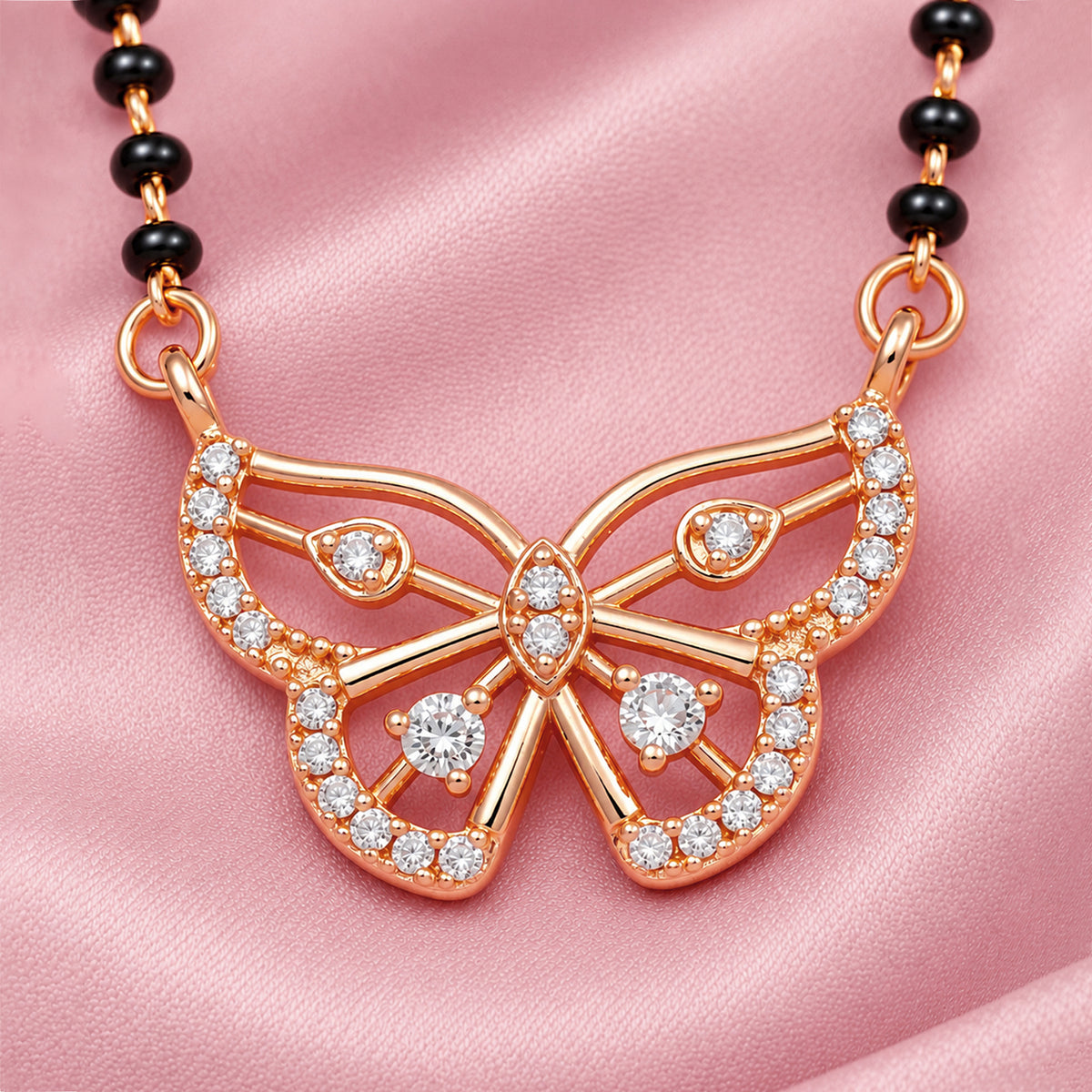 Artklim Elegant Rose Gold-Plated Butterfly Pendant Mangalsutra with Black Beads for Women