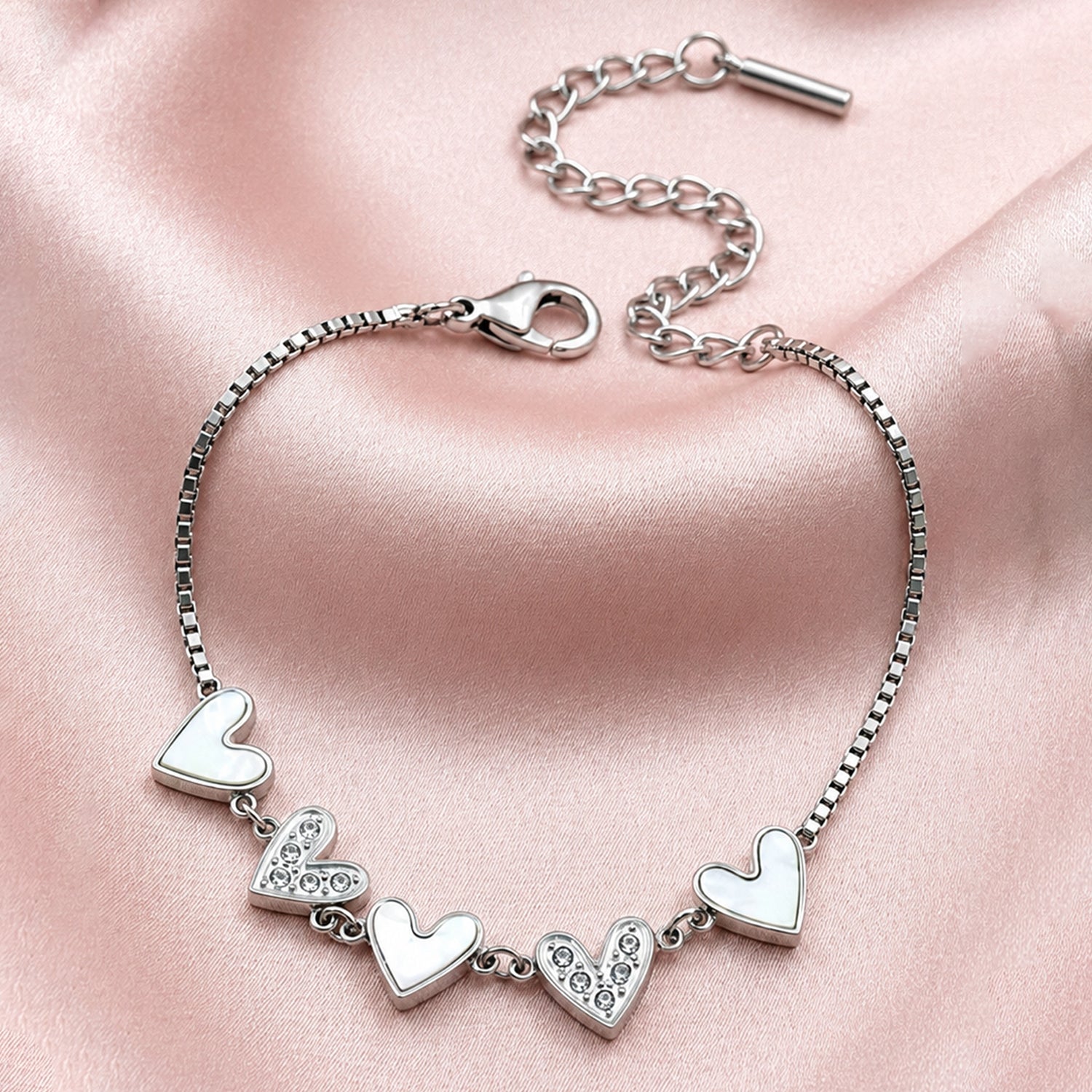 Artklim Silver Heart Link Crystal Anti-Tarnish Bracelet