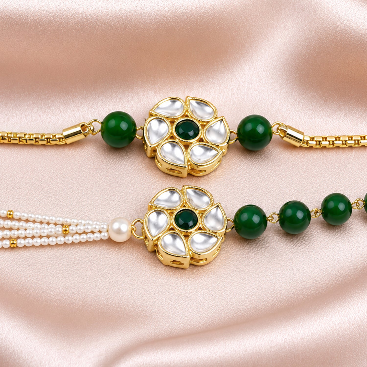 Artklim Green Kundan Floral Bhaiya Bhabhi Rakhi Set