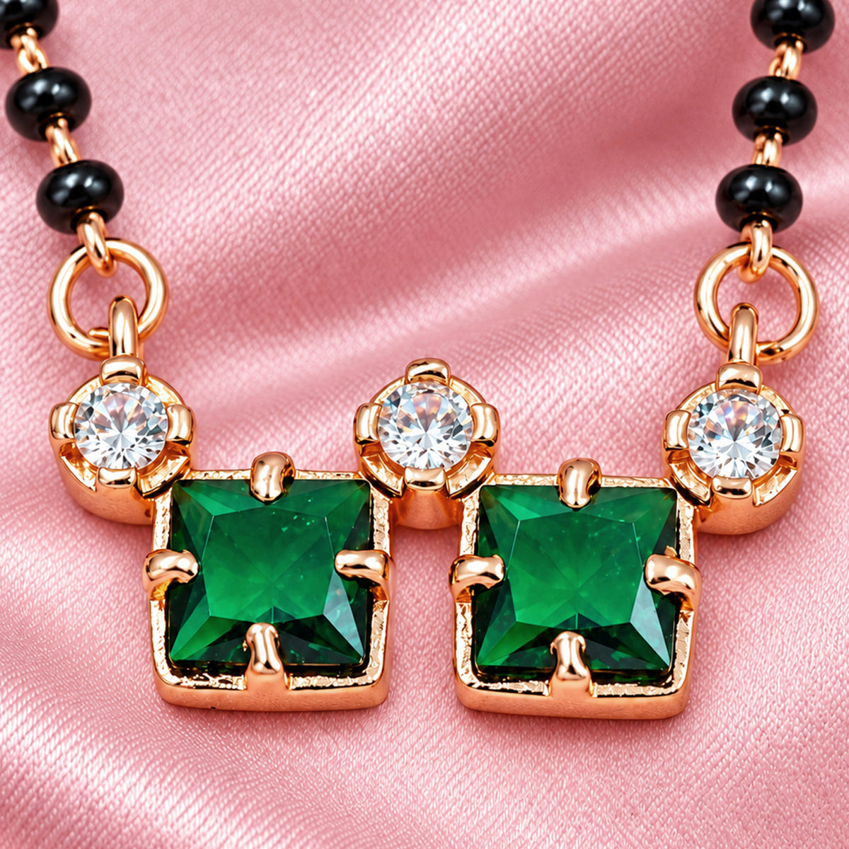 Artklim Elegant Rose Gold-Plated Green Stone & Black Beaded Mangalsutra for Women