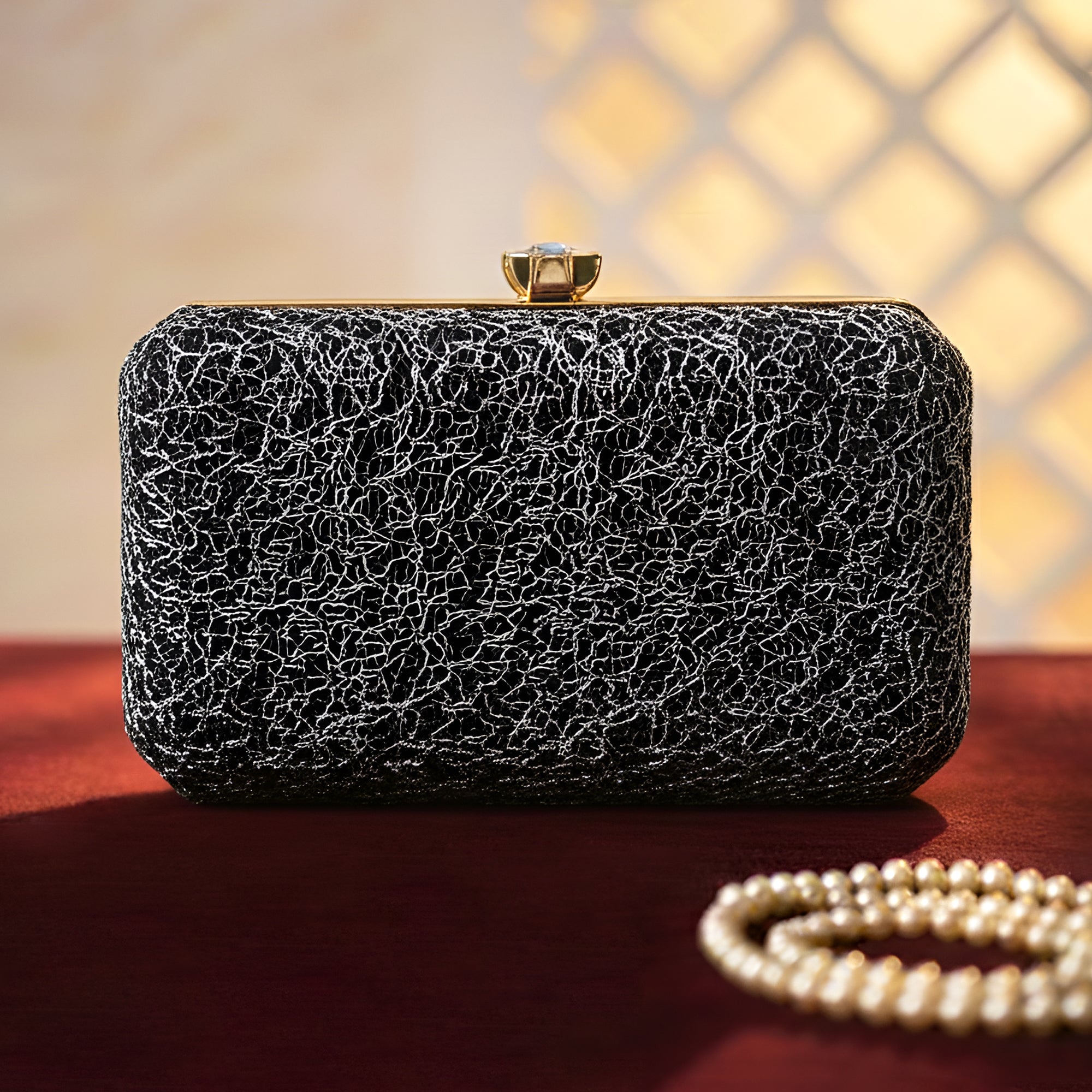 Artklim Textured Black Embroidery Clutch