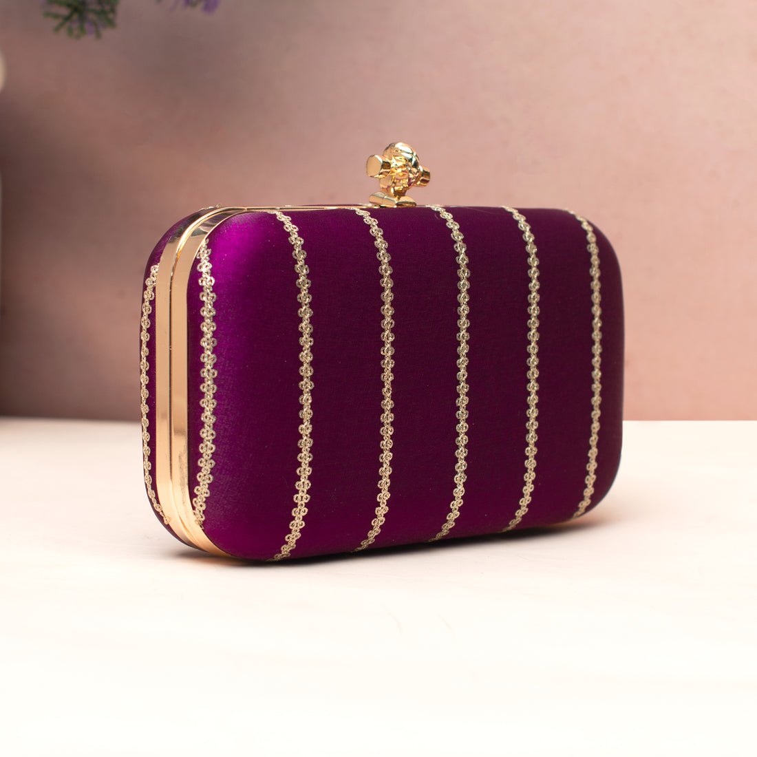Artklim Velvet Violet Gold-Detail Embroidered Clutch