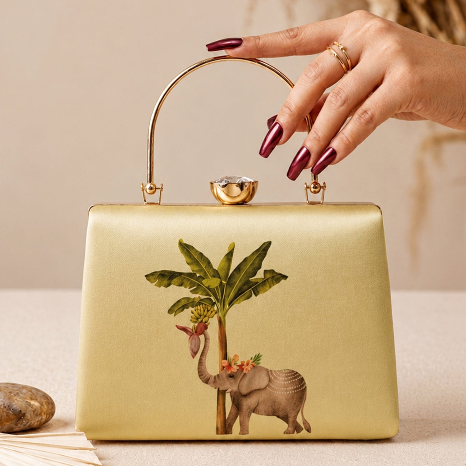 Artklim Majestic Elephant Palm Embellished Clutch