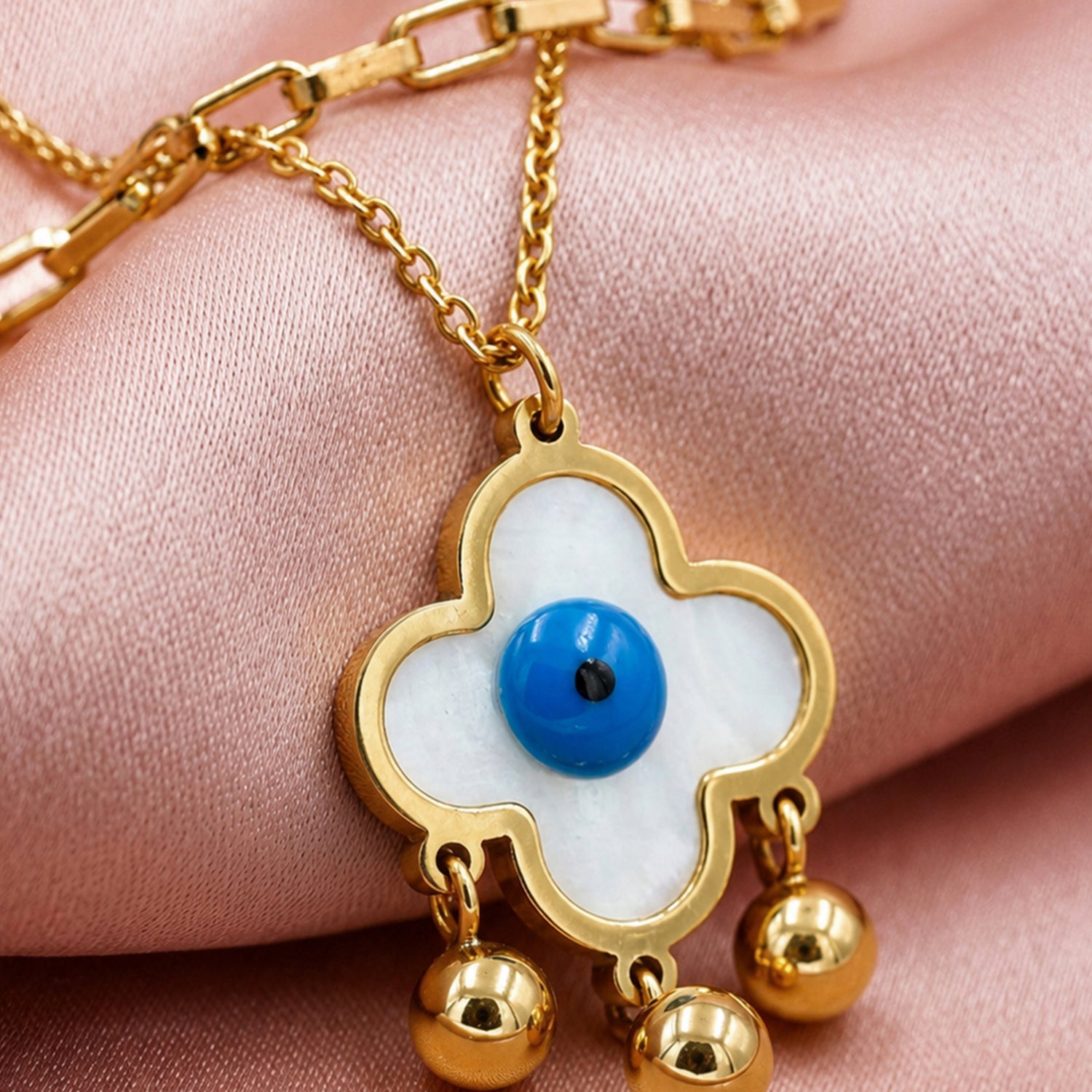 Artklim White Clover Evil Eye Layered Gold Chain Anti-Tarnish Necklace