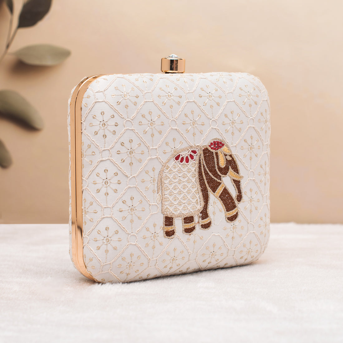 Artklim White with Brown - Red Colour Embroidery Clutch