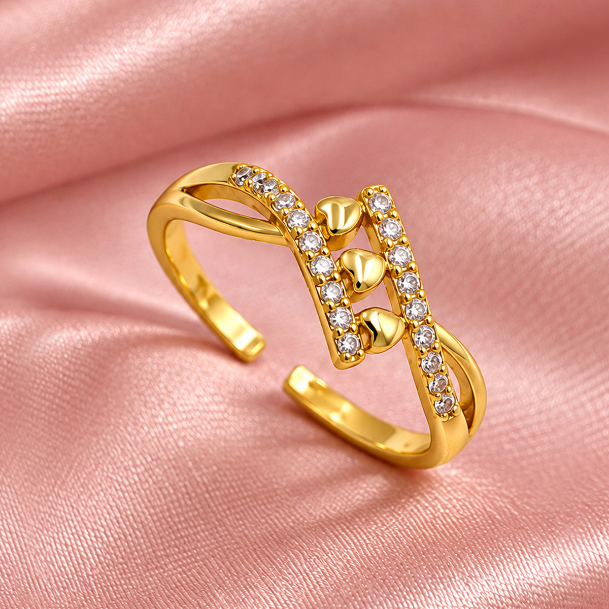Artklim Luxe Triple-Bead Crystal Gold-Tone Anti-Tarnish Ring