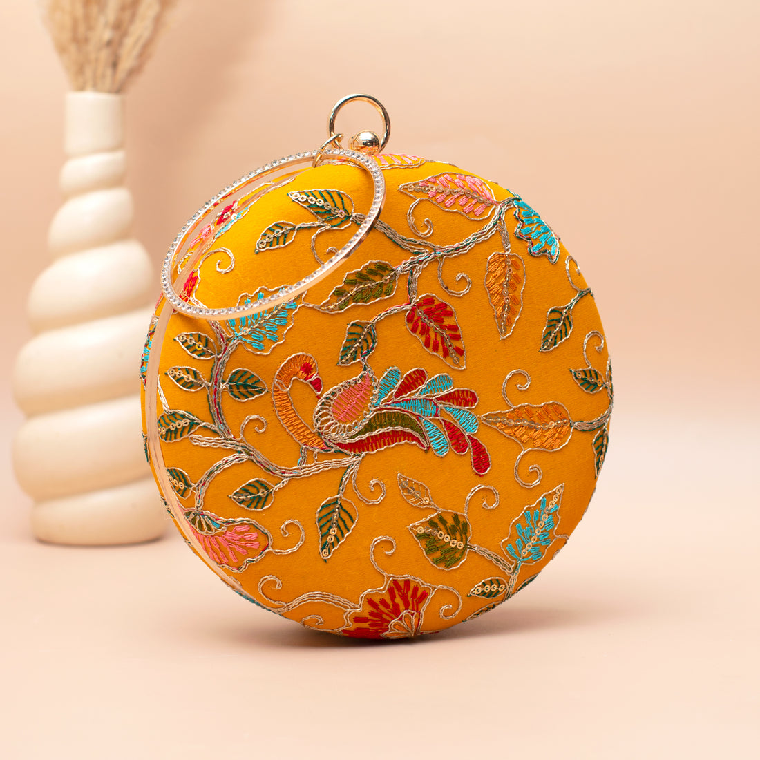 Artklim Yellow Floral Embroidered Clutch