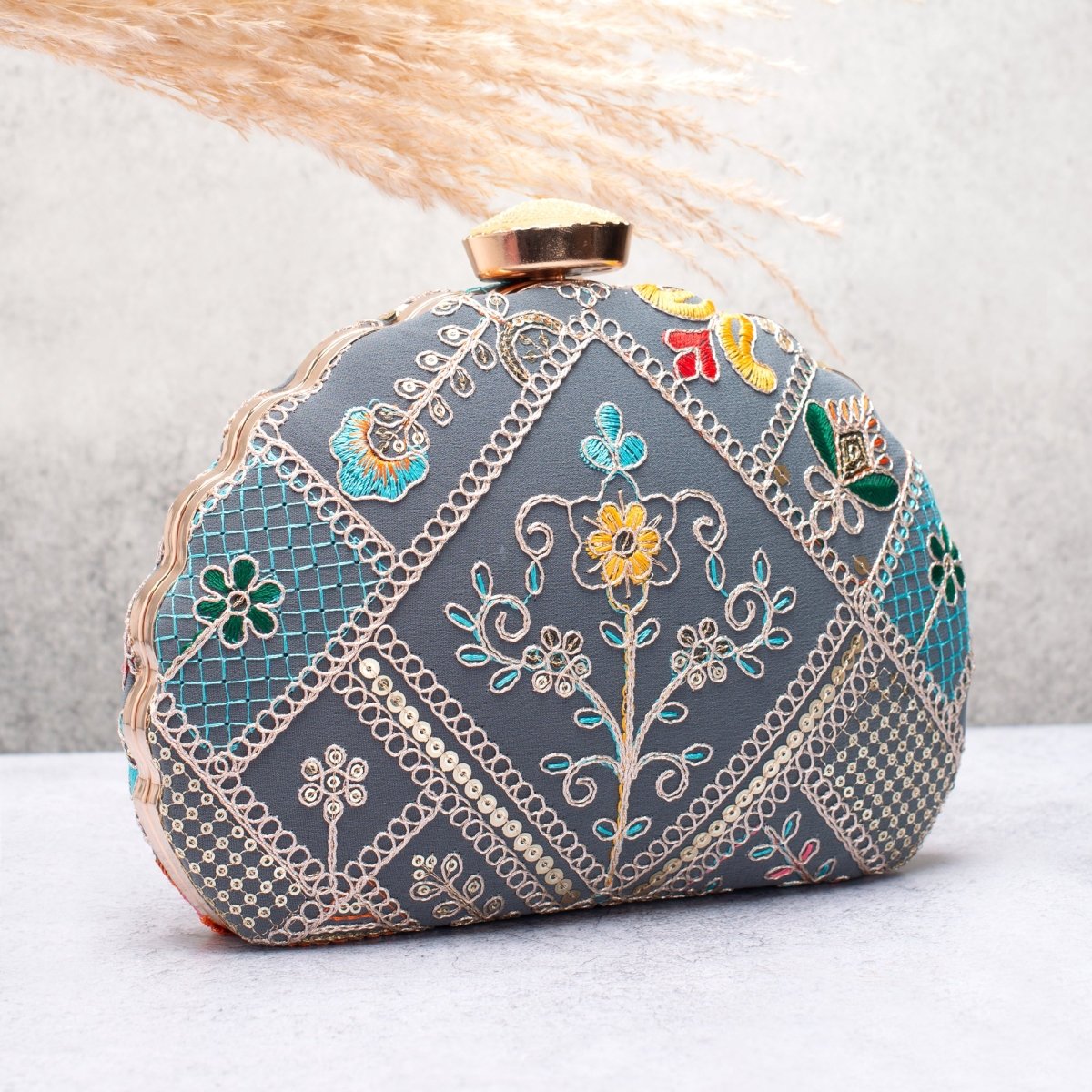 Artklim Grey Base Multicolored Threadwork Embroidery Clutch