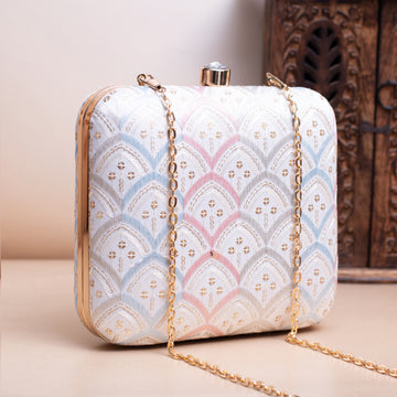 Artklim White Based Multicolored Threadwork Embroidery Clutch